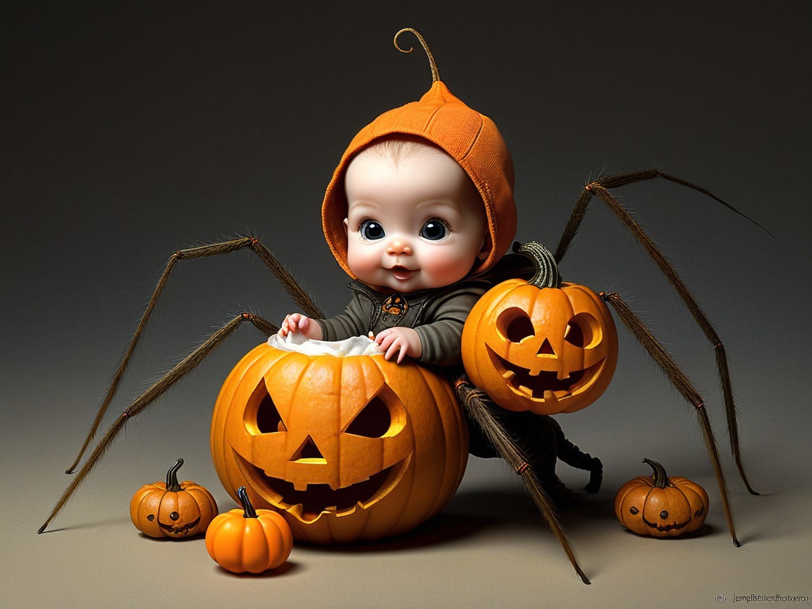 Whimsical Baby in Pumpkin Hat with Jack-o'-Lanterns