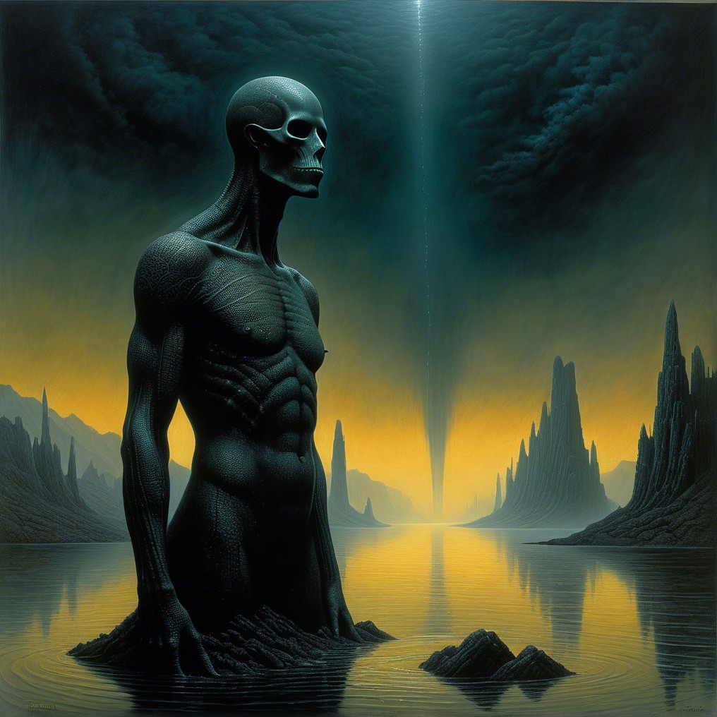 Skeletal Figure in Surreal Landscape with Stormy Sky