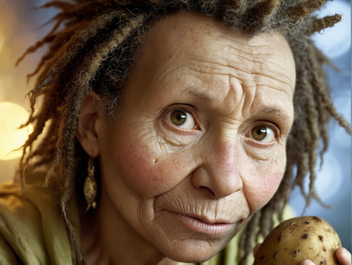 Close-up of an elderly person with dreadlocks and potato