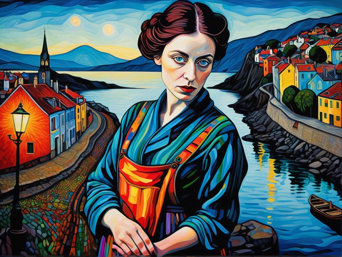Vivid Painting of Woman by River with Village Background