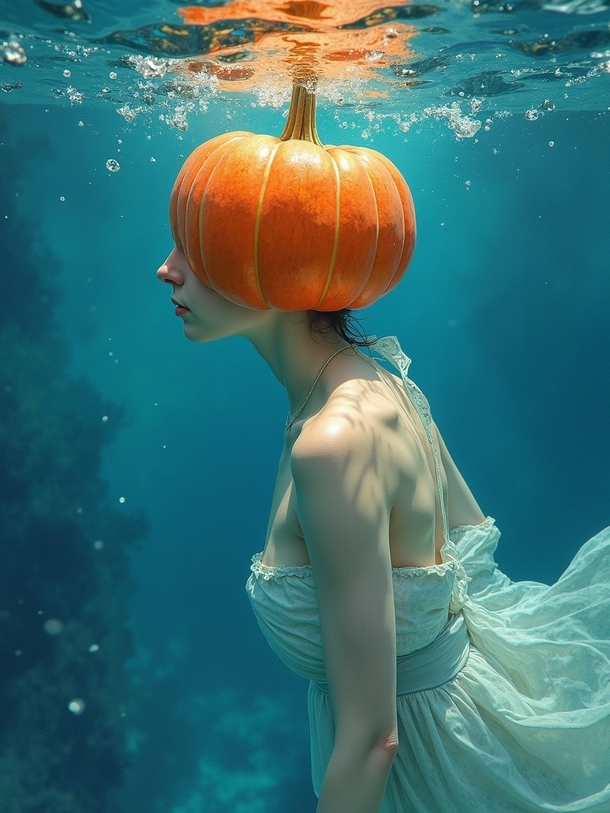 Surreal Underwater Scene with Woman and Pumpkin Head