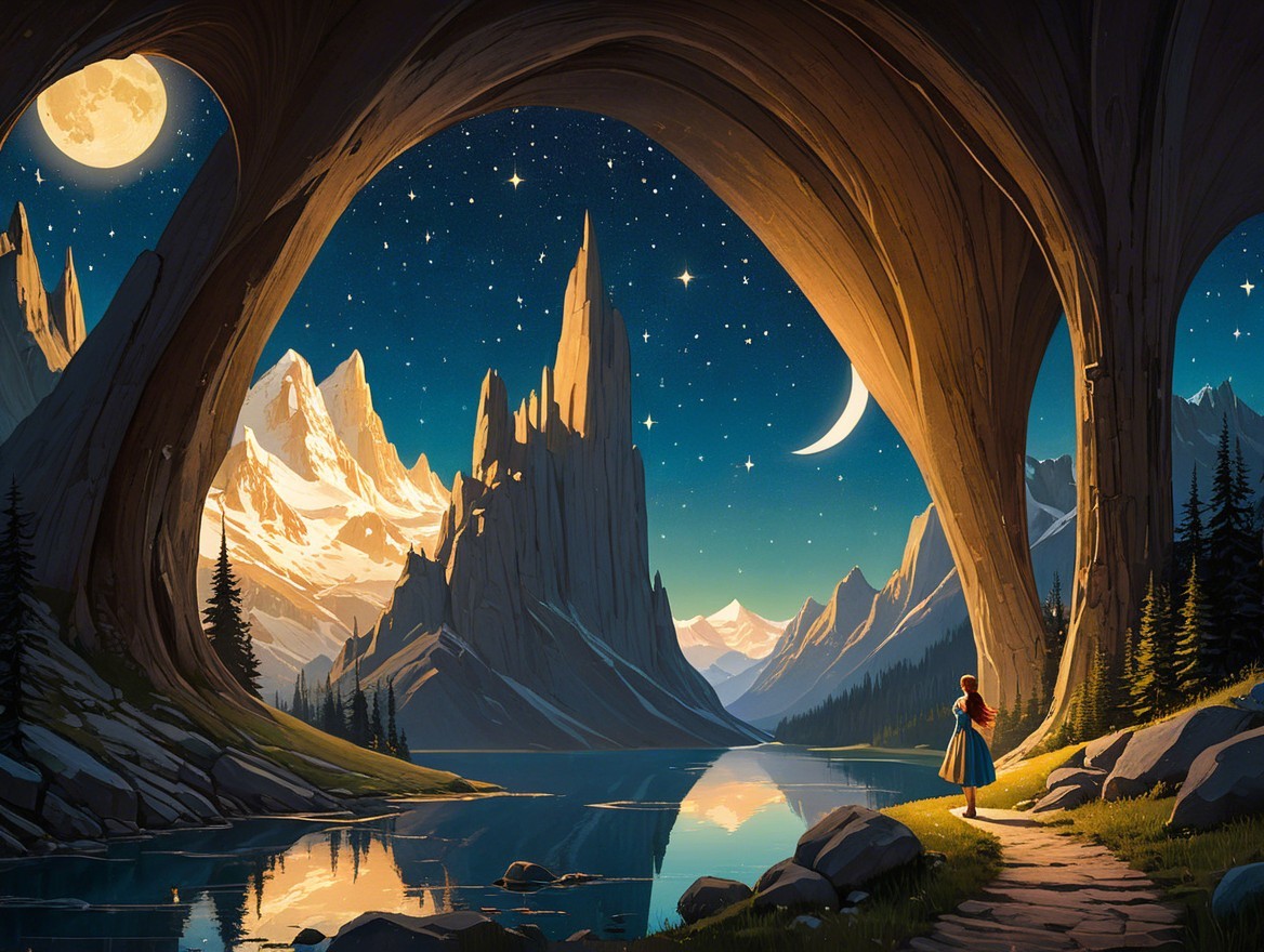 Magical Cave Landscape with Serene Lake and Moonlight
