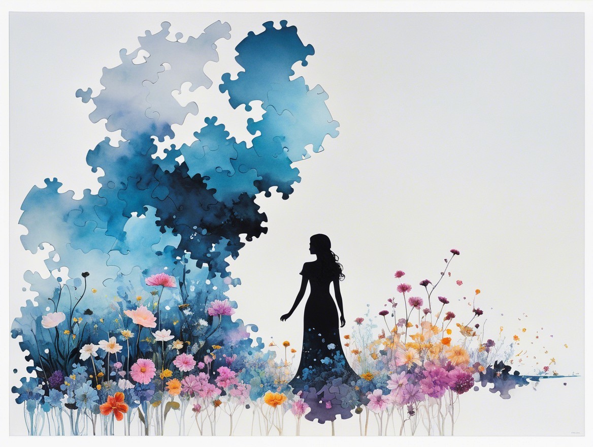 Silhouette in a Colorful Floral Landscape with Puzzle Pieces