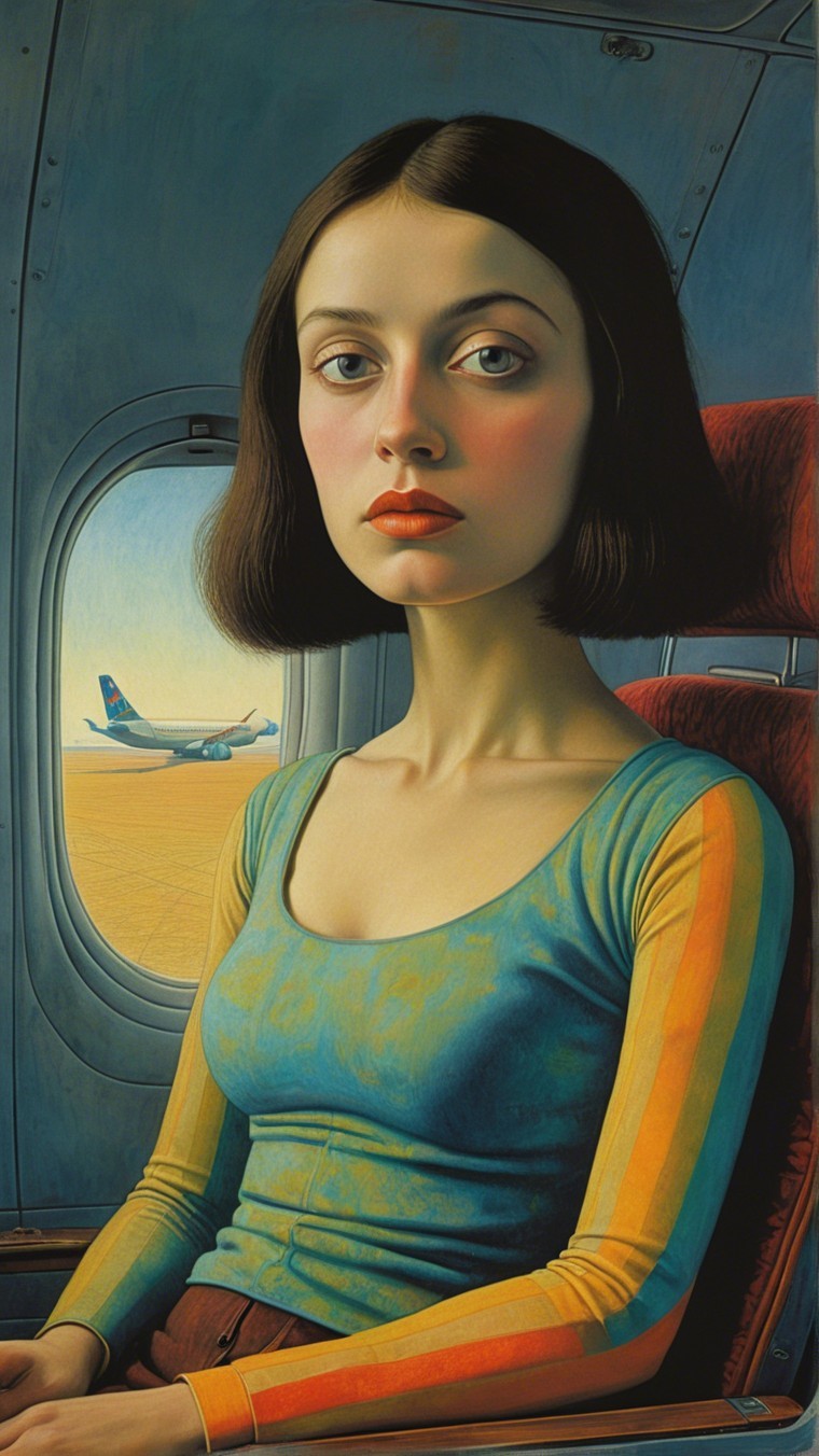 Young woman by airplane window with colorful attire