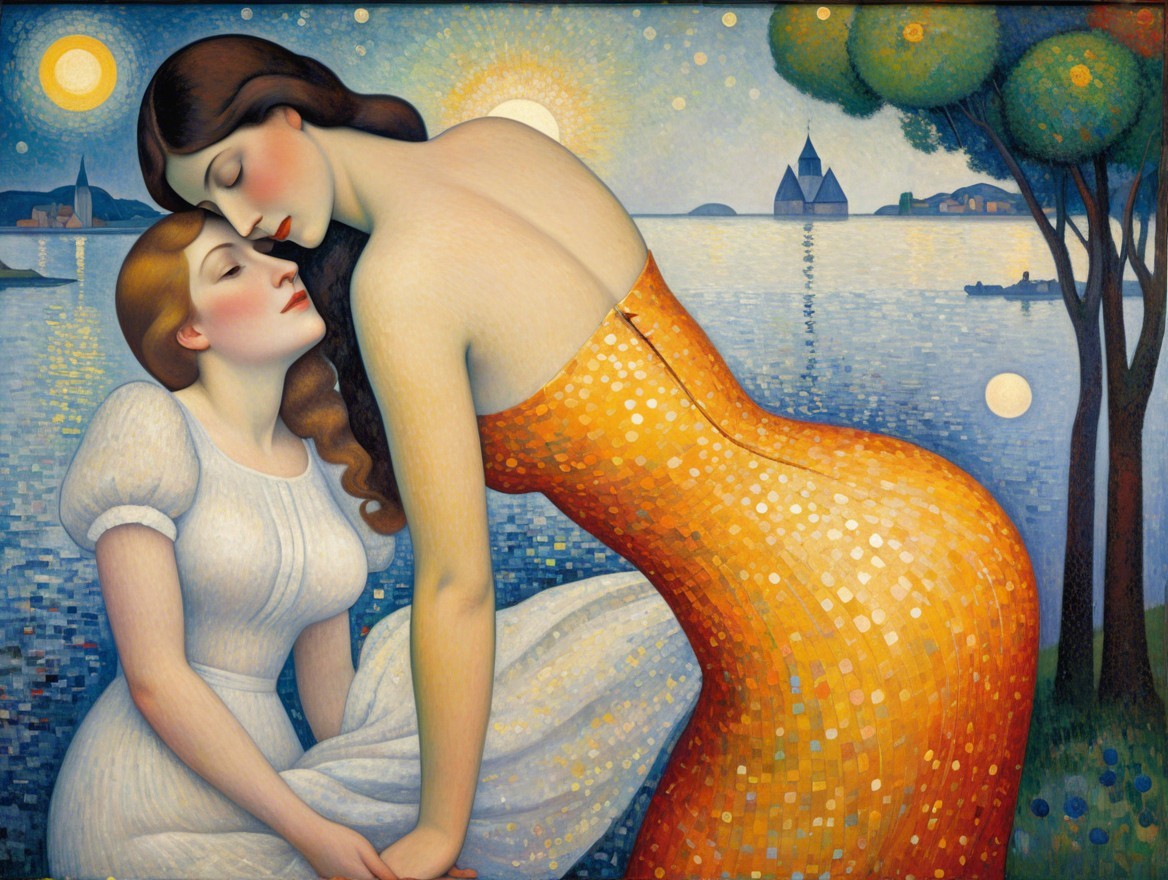 Intimate lakeside scene with two women embracing