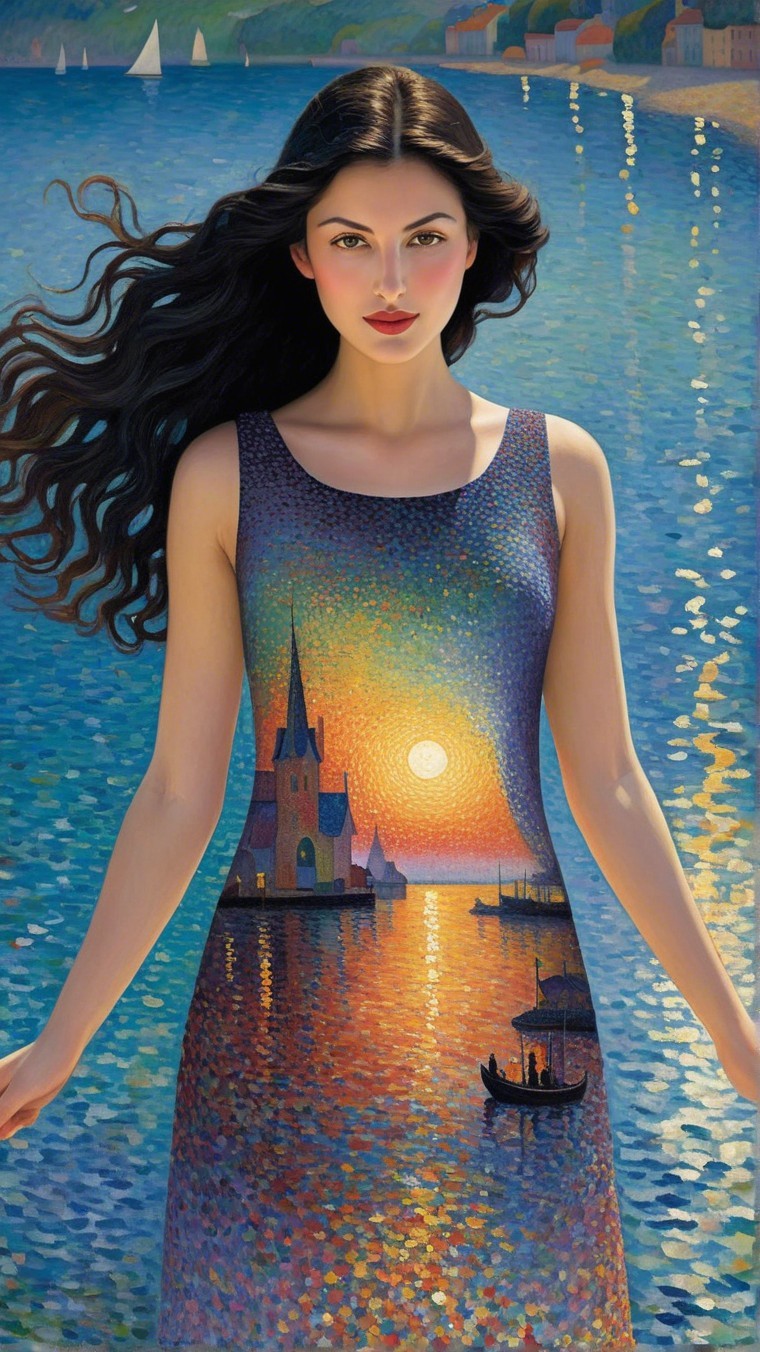 Young Woman in Dress Against Shimmering Sea Background