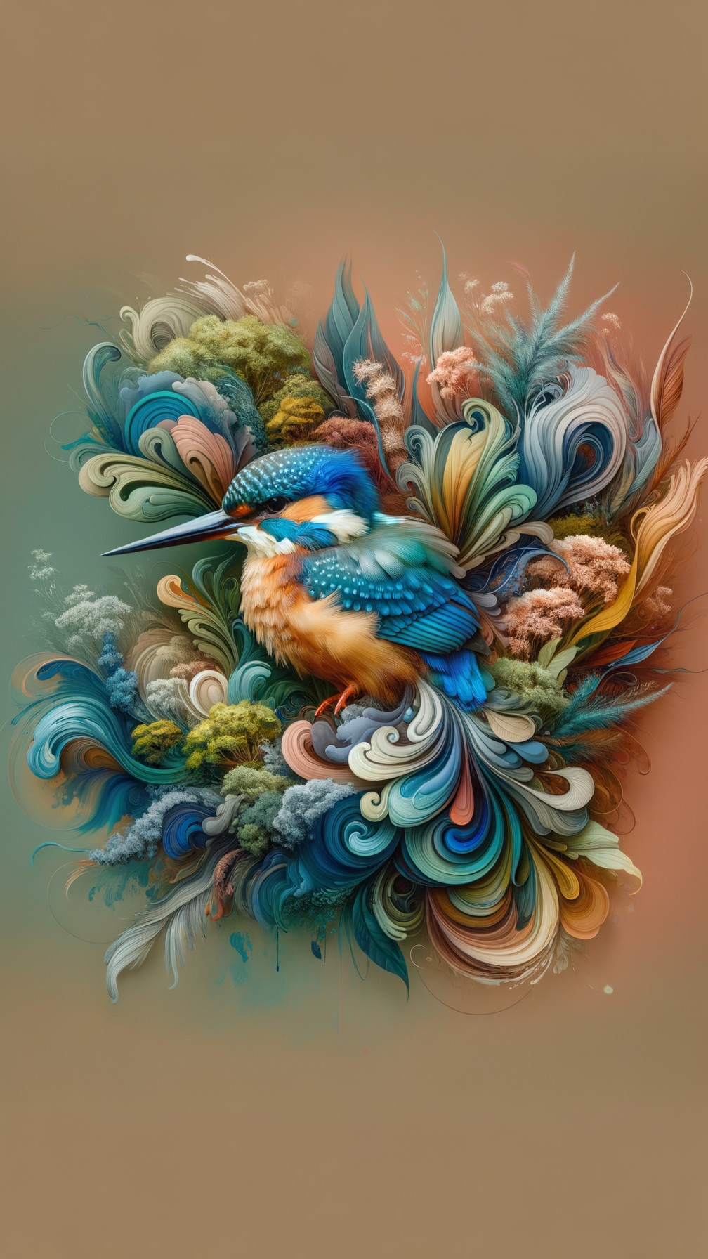 Vibrant Kingfisher Surrounded by Colorful Patterns