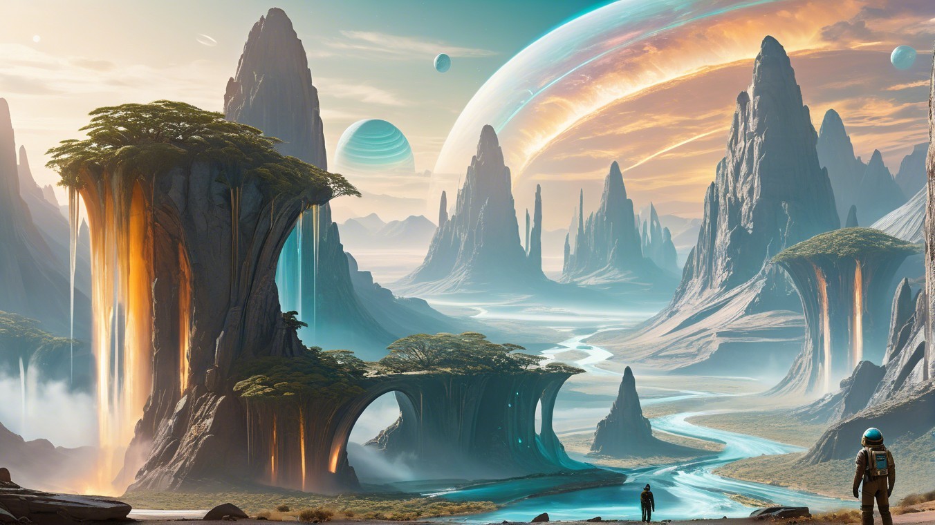Alien Landscape with Mountains, Waterfalls, and Planets