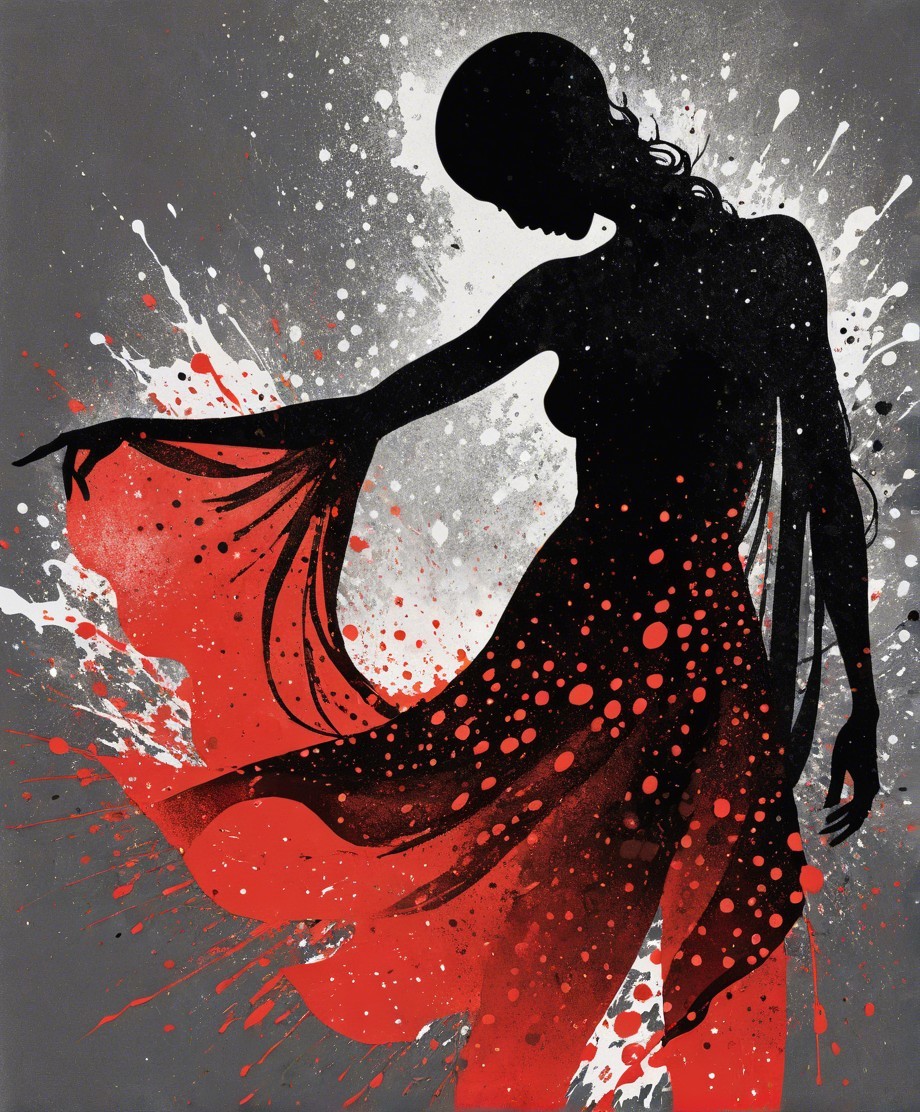 Silhouette of a Woman in Flowing Dress with Red Accents