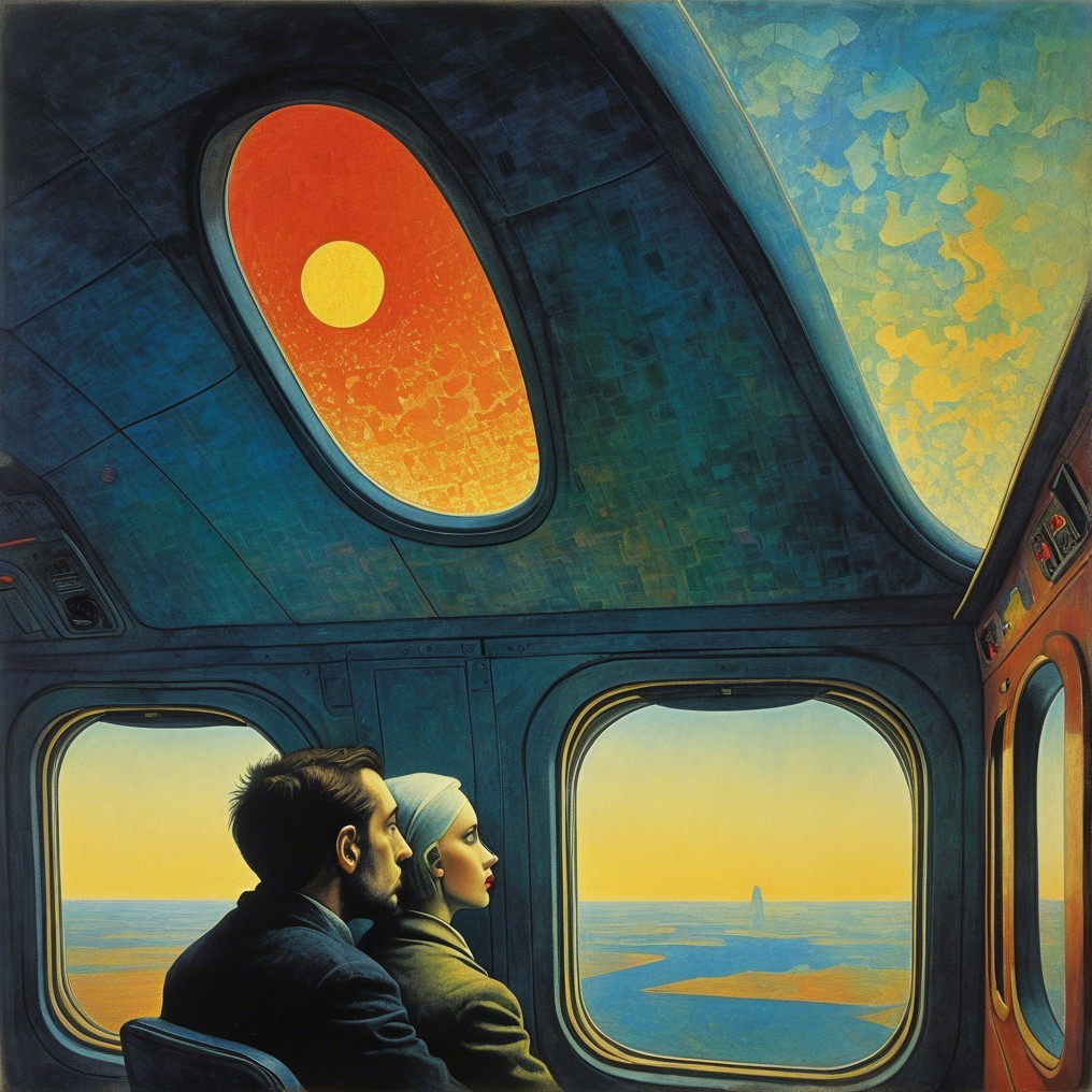 Surreal Train Interior at Dusk with Figures and Sunset