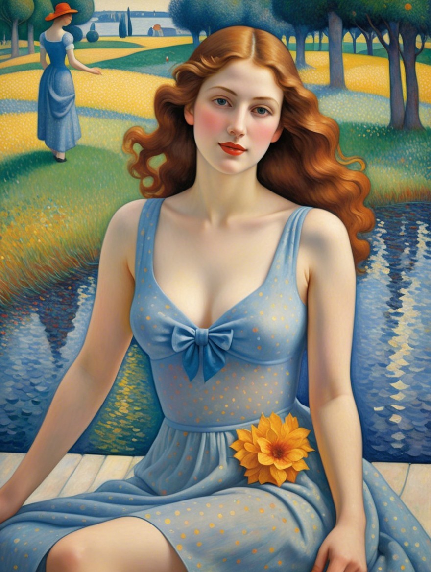 Young Woman by Tranquil Pond in Light Blue Dress