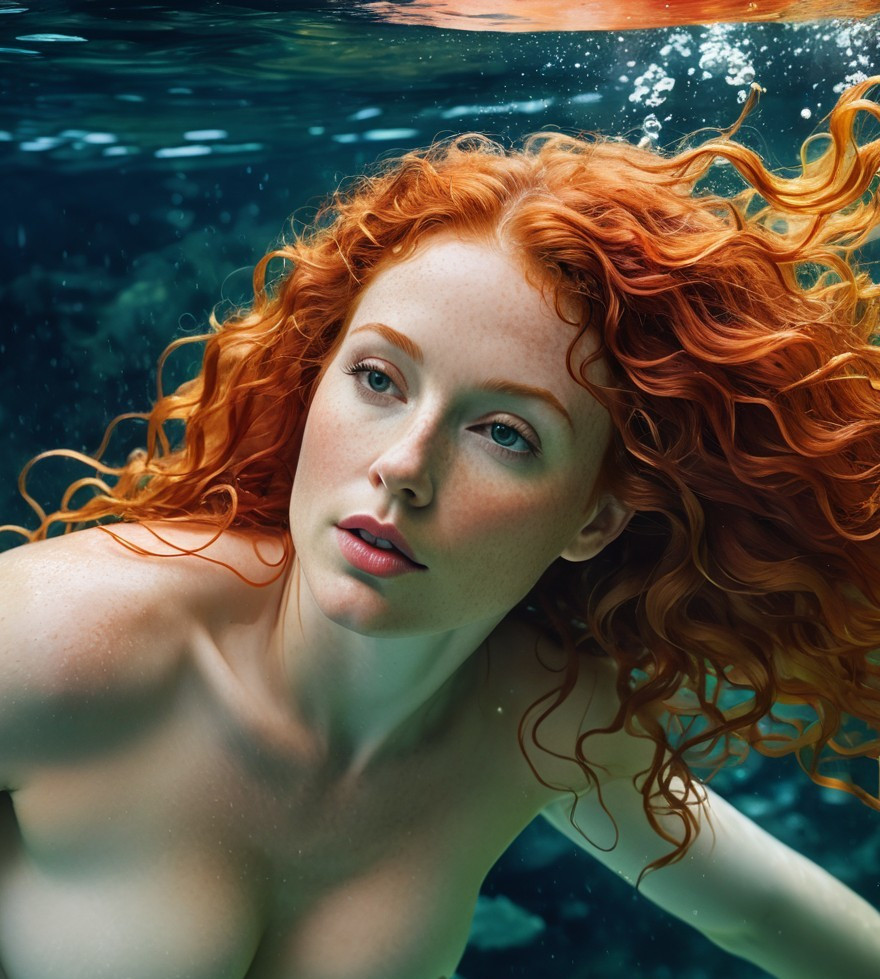 Underwater Scene Featuring Young Woman with Red Hair