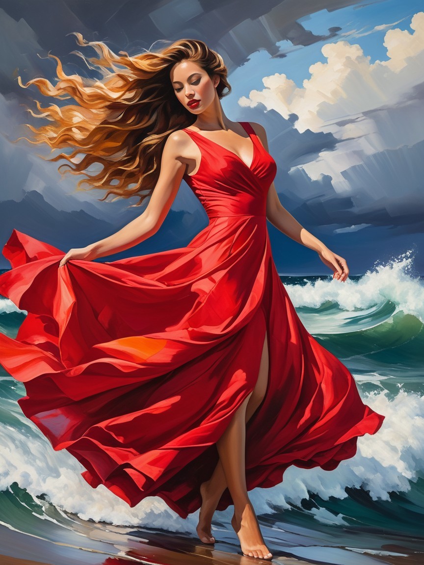 Woman in Red Dress on Beach with Dramatic Sky