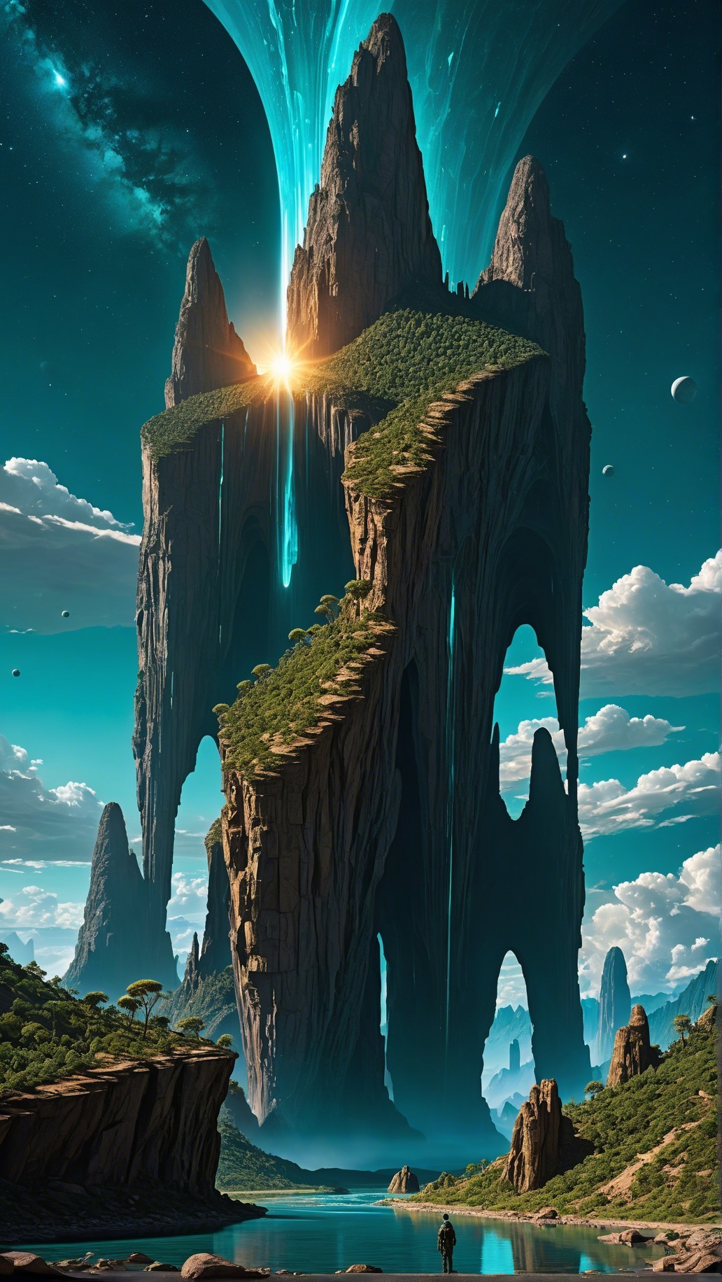 Surreal Landscape with Jagged Mountains and Glowing Sky