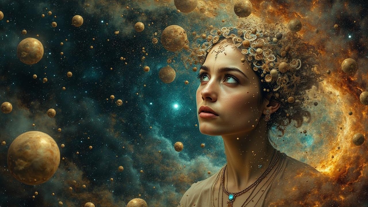 Young woman with cosmic elements in deep space scene