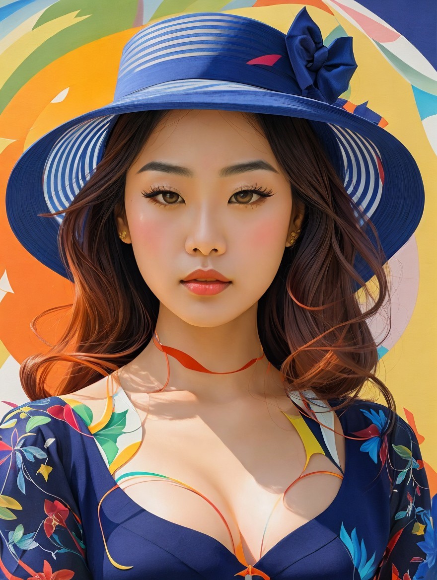 Young Woman in Floral Dress with Blue Hat and Abstract Background