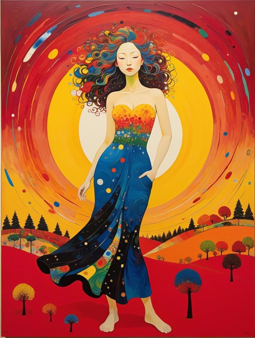 Vibrant Woman in Floral Dress Against Colorful Backdrop