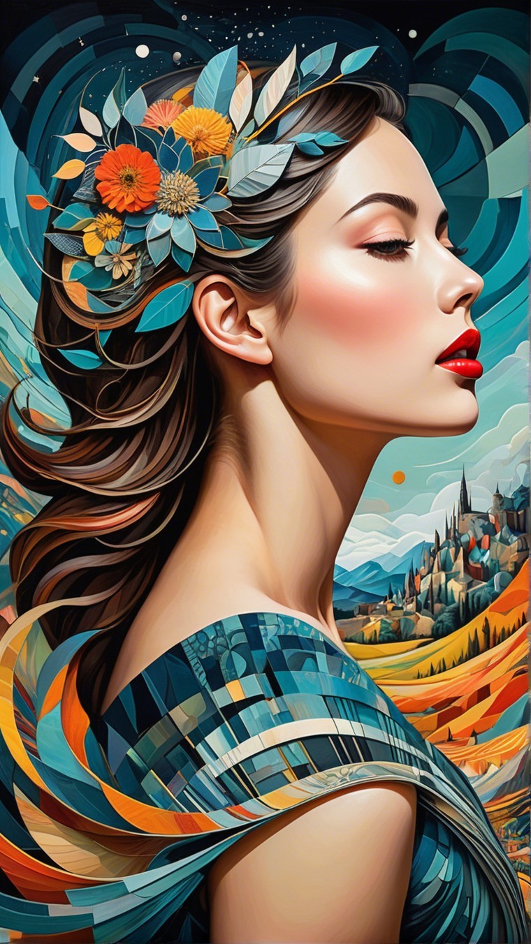 Stylized portrait of a woman with floral adornments