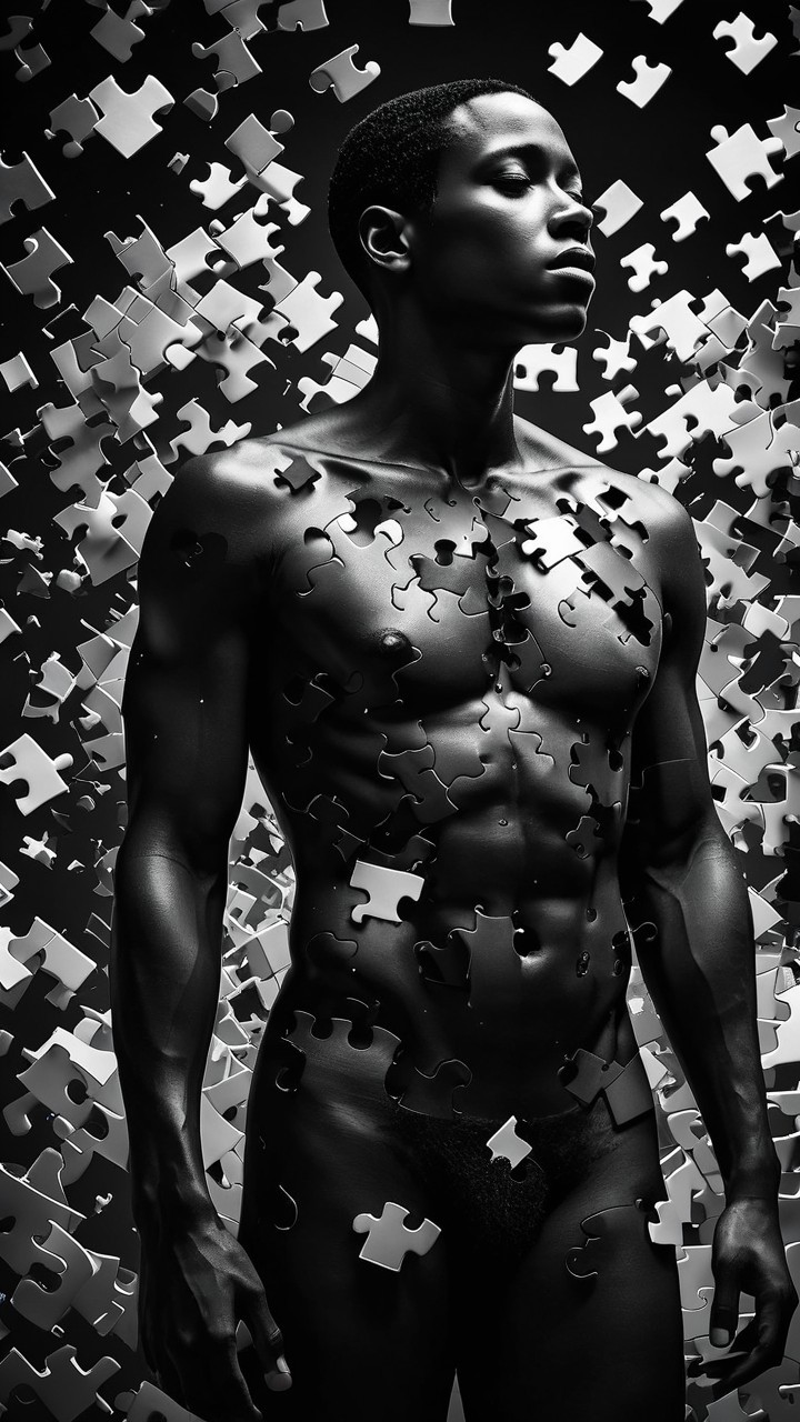 Androgynous Figure Surrounded by Puzzle Pieces