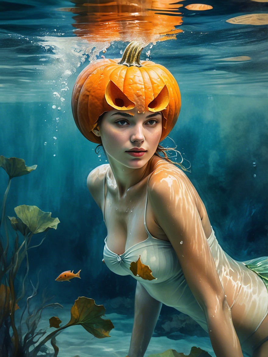 Underwater Scene with Young Woman and Pumpkin Headpiece