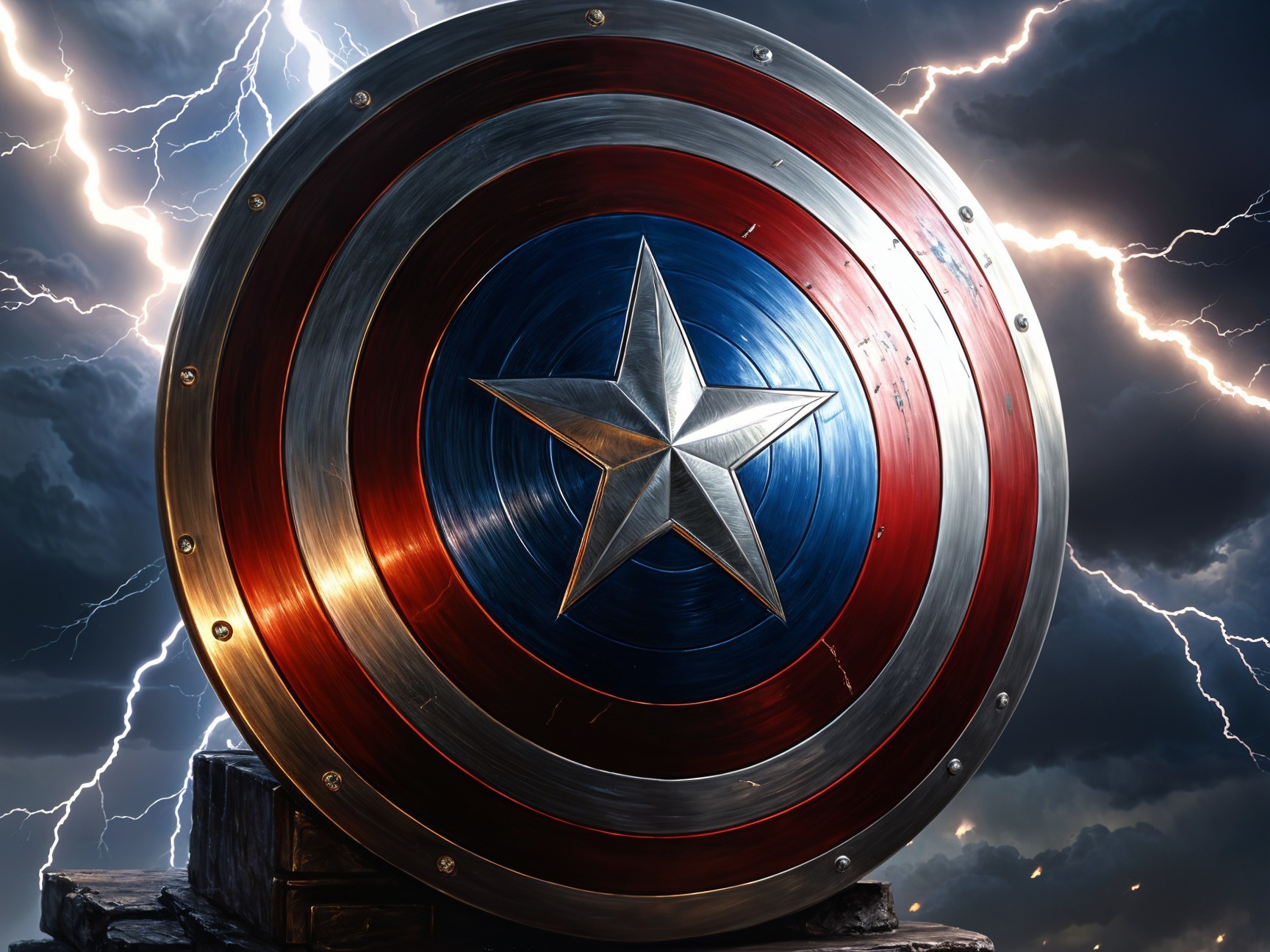 Shield with Red, White, and Blue Colors Against Clouds