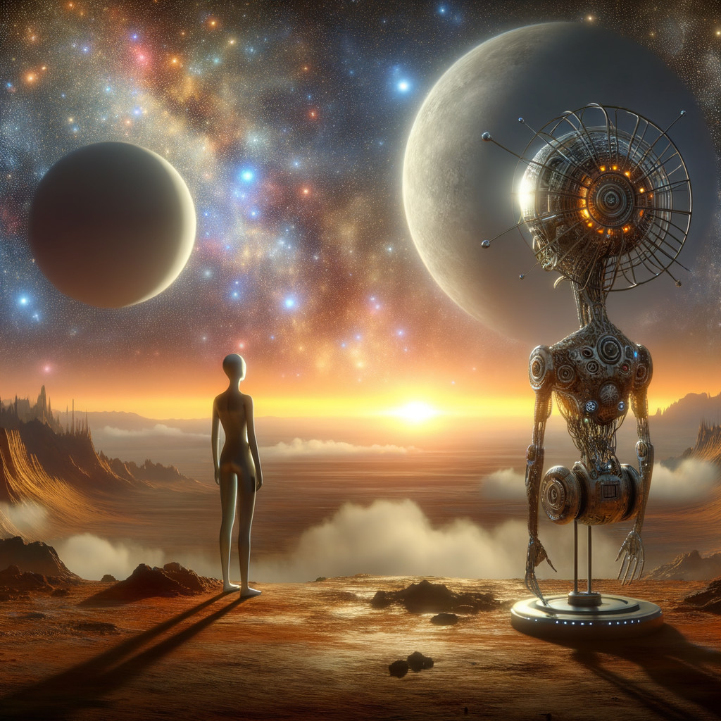 Humanoid Figure and Robot Amidst Cosmic Landscape