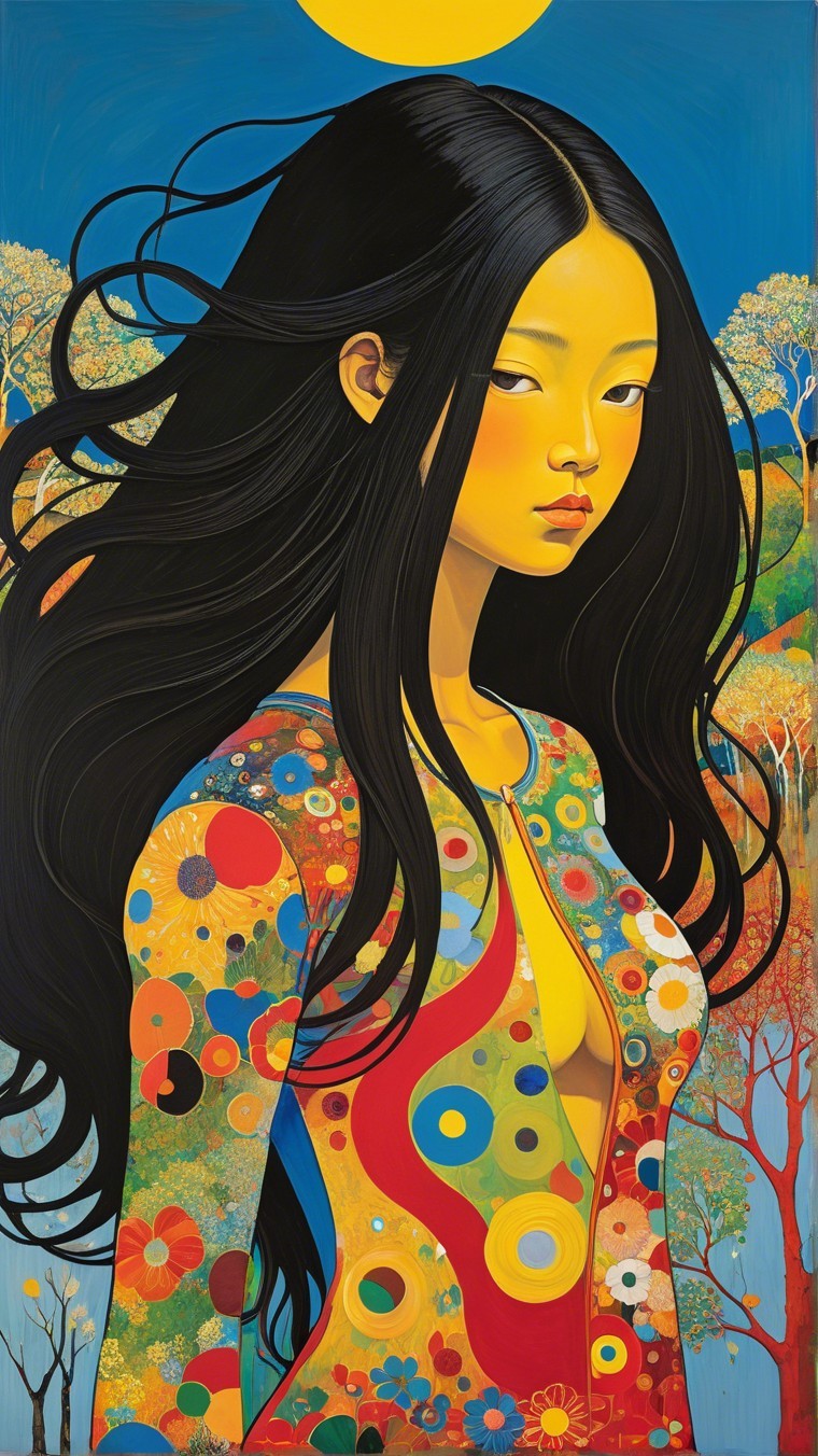 Young Woman in Colorful Dress Against Vibrant Background