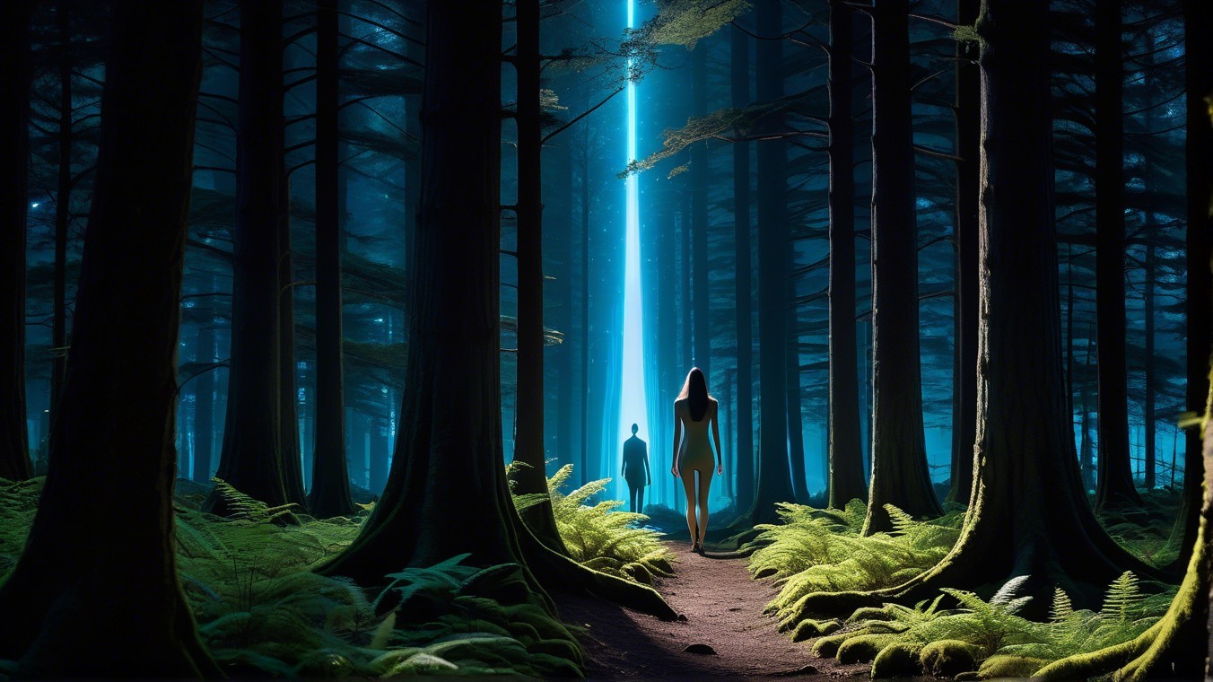 Mystical forest scene with illuminated figures and trees