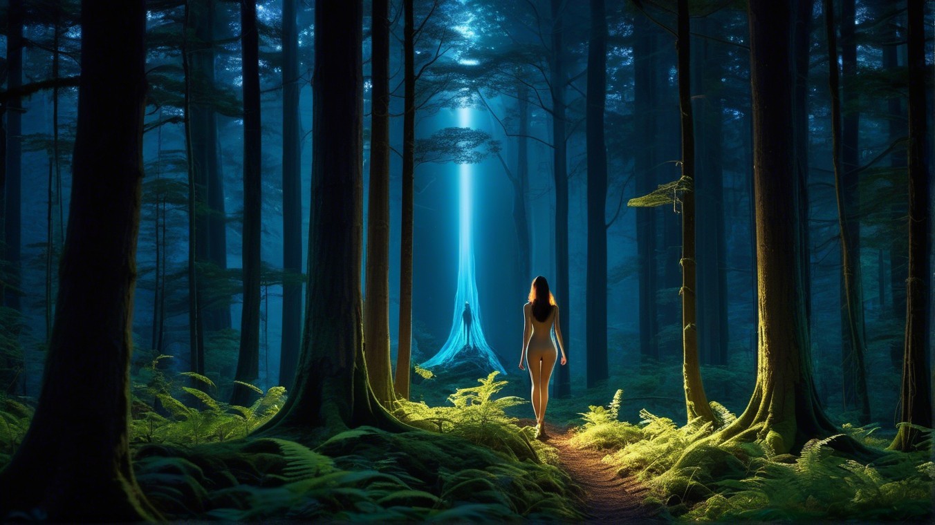Ethereal Blue Light in a Serene Forest Scene