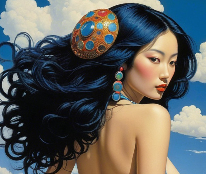 Woman with Blue Hair and Colorful Hairpiece in Clouds