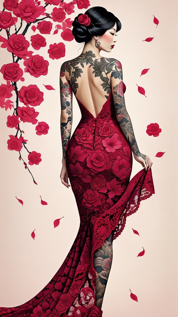 Elegant Woman in Red Gown with Floral Tattoos