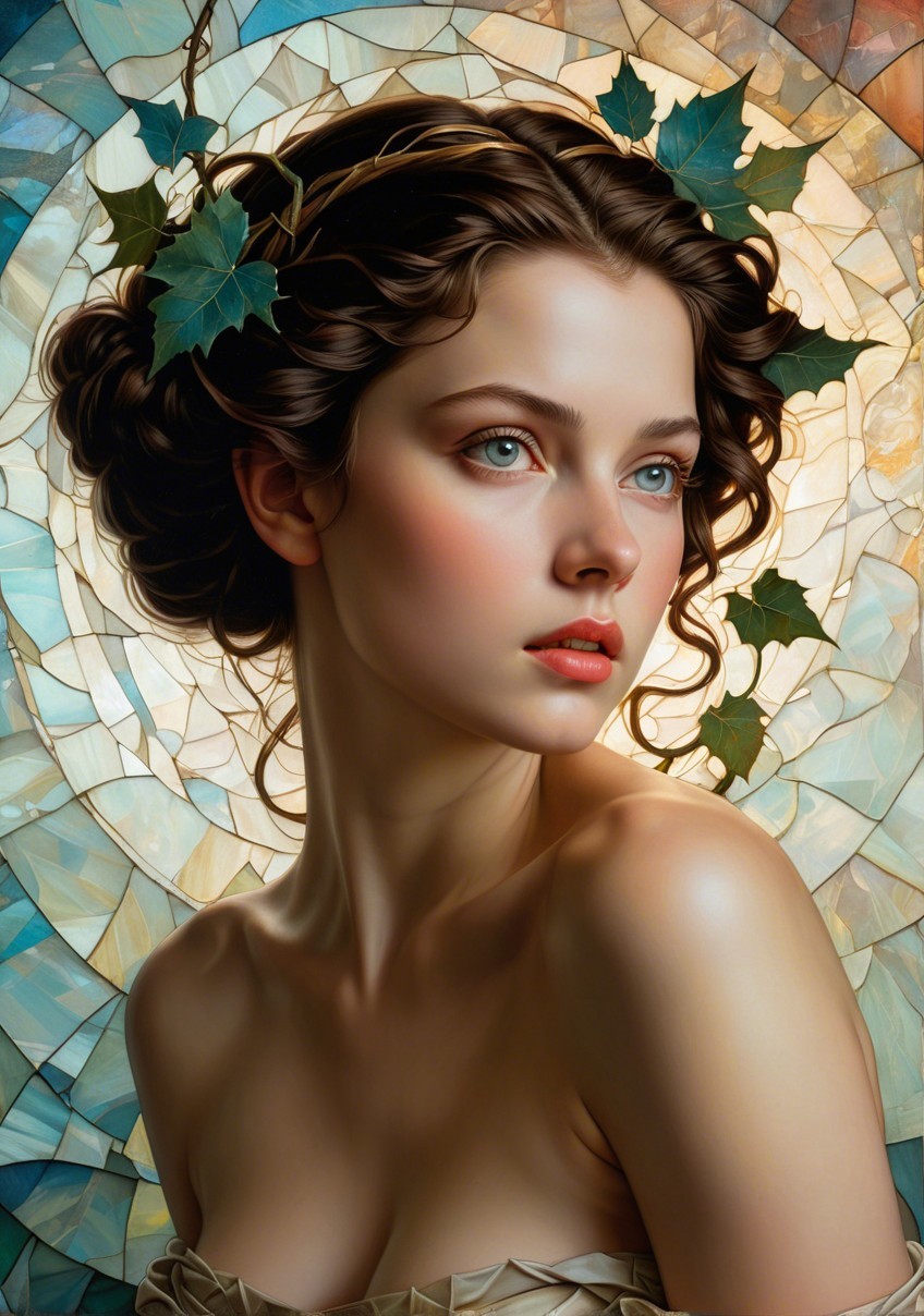Young woman with glowing skin and ivy-adorned hair