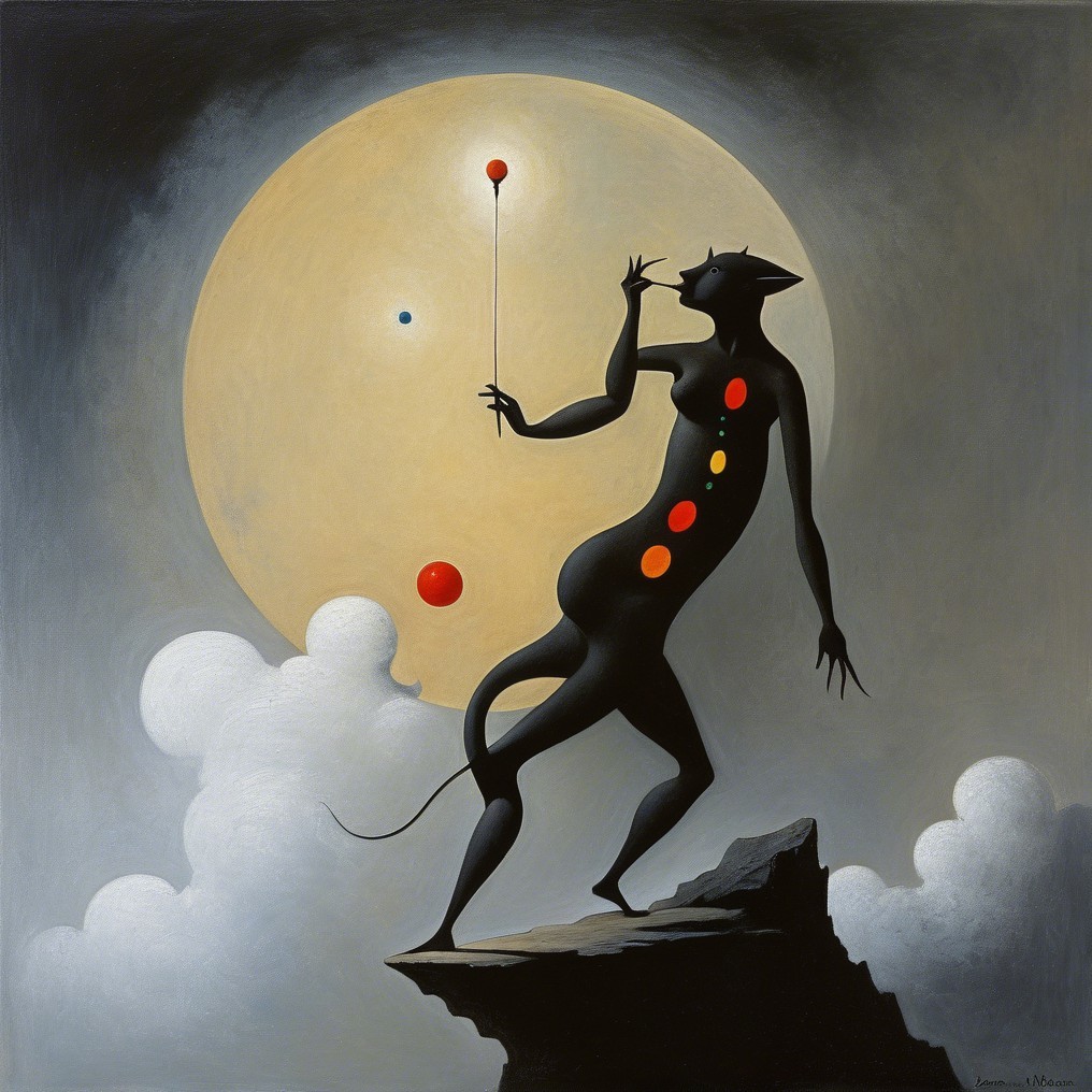 Silhouetted Figure with Colorful Orbs Under Full Moon