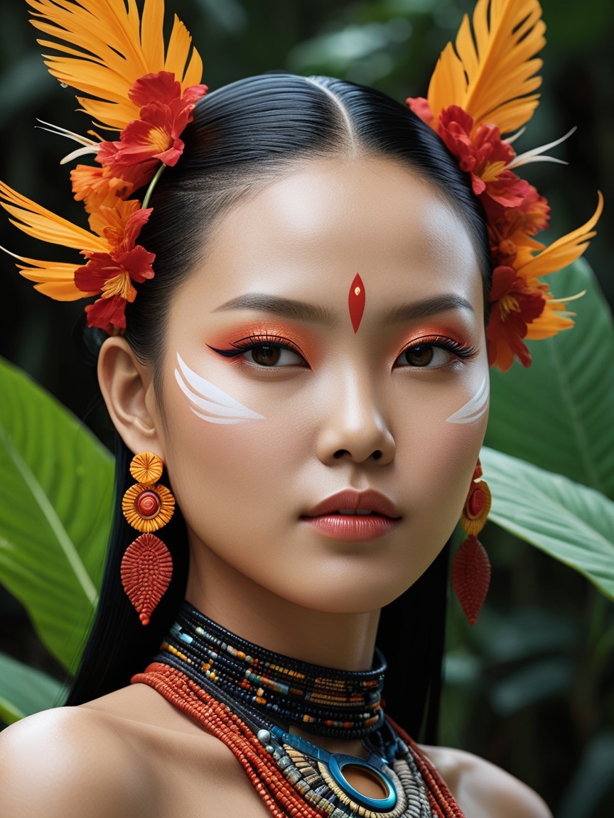 Portrait of a Young Woman with Tropical Makeup and Accessories