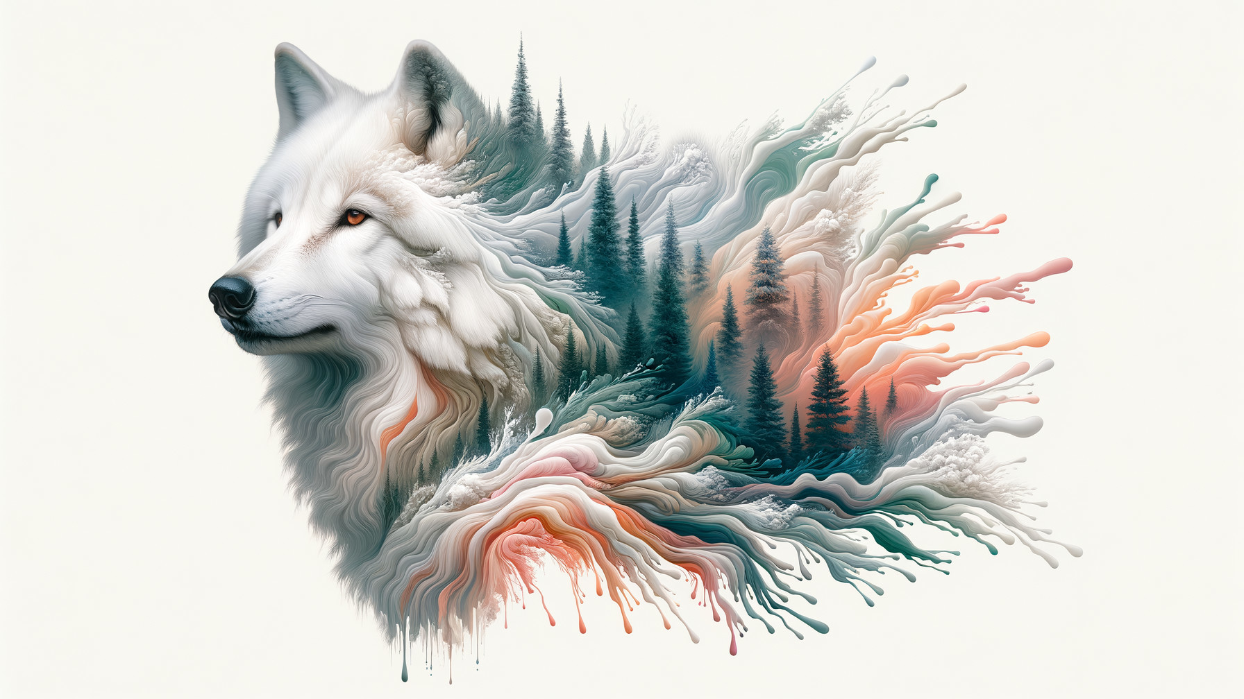Artistic Representation of a Wolf's Head with Nature Elements