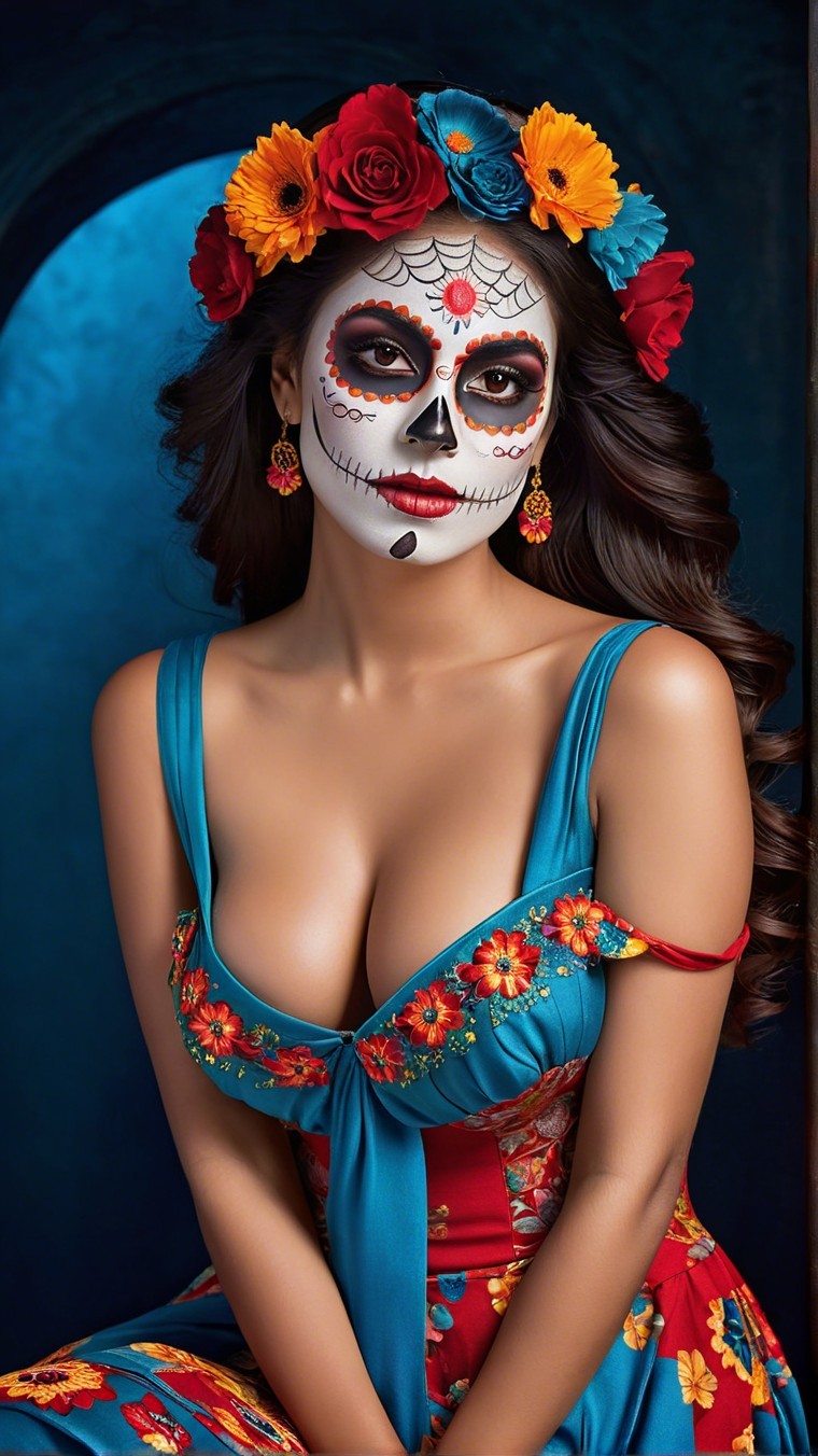 Vibrant Floral Dress and Sugar Skull Makeup Display