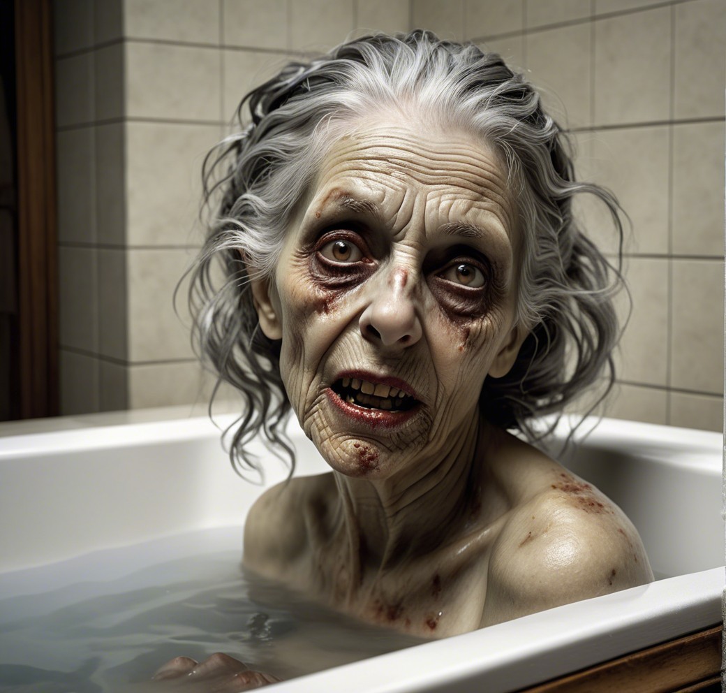 Eerie figure in dim bathroom with murky tub water