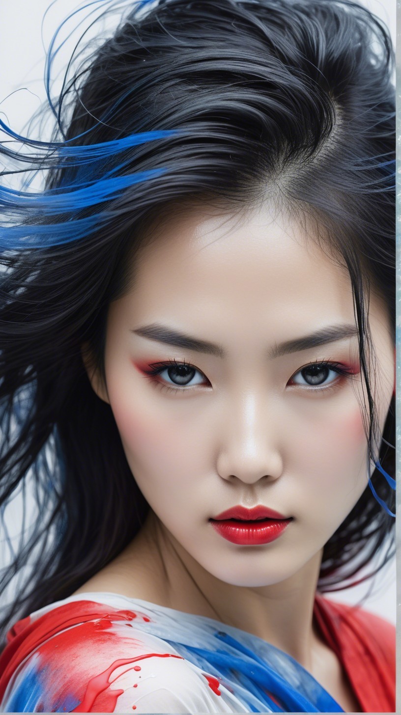 Close-Up of Young Woman with Blue Streaks and Red Accents