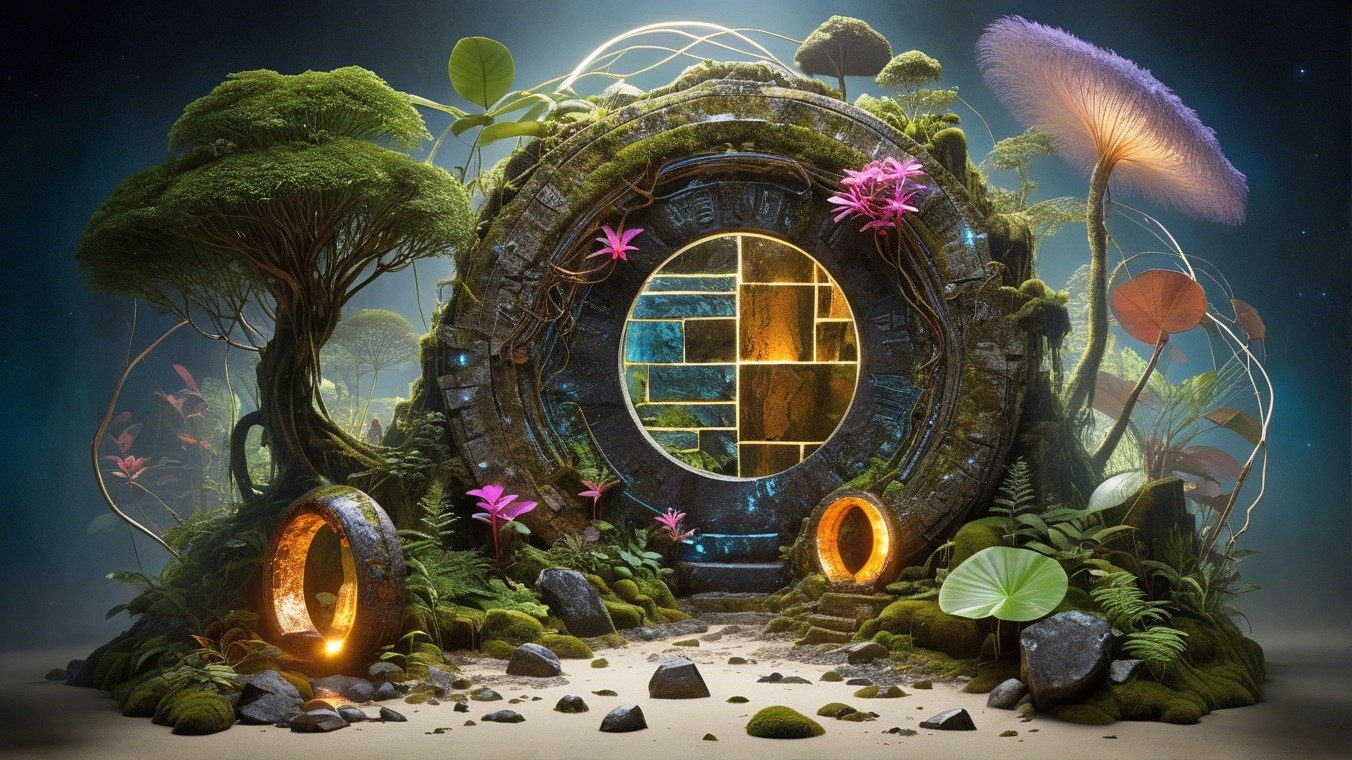Mystical Portal in Lush Greenery and Vibrant Plants