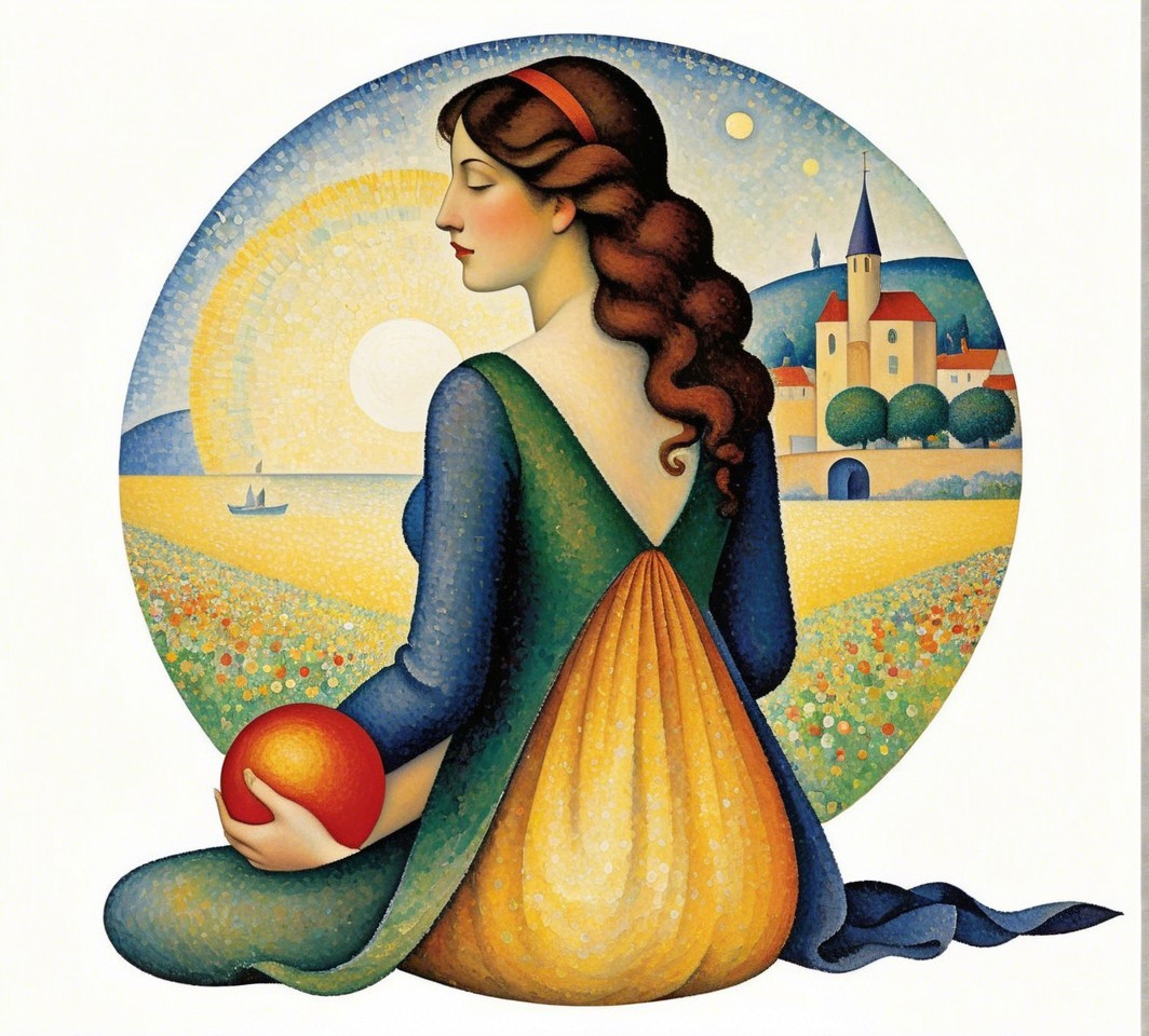 Serene Woman with Orange in Sunlit Landscape
