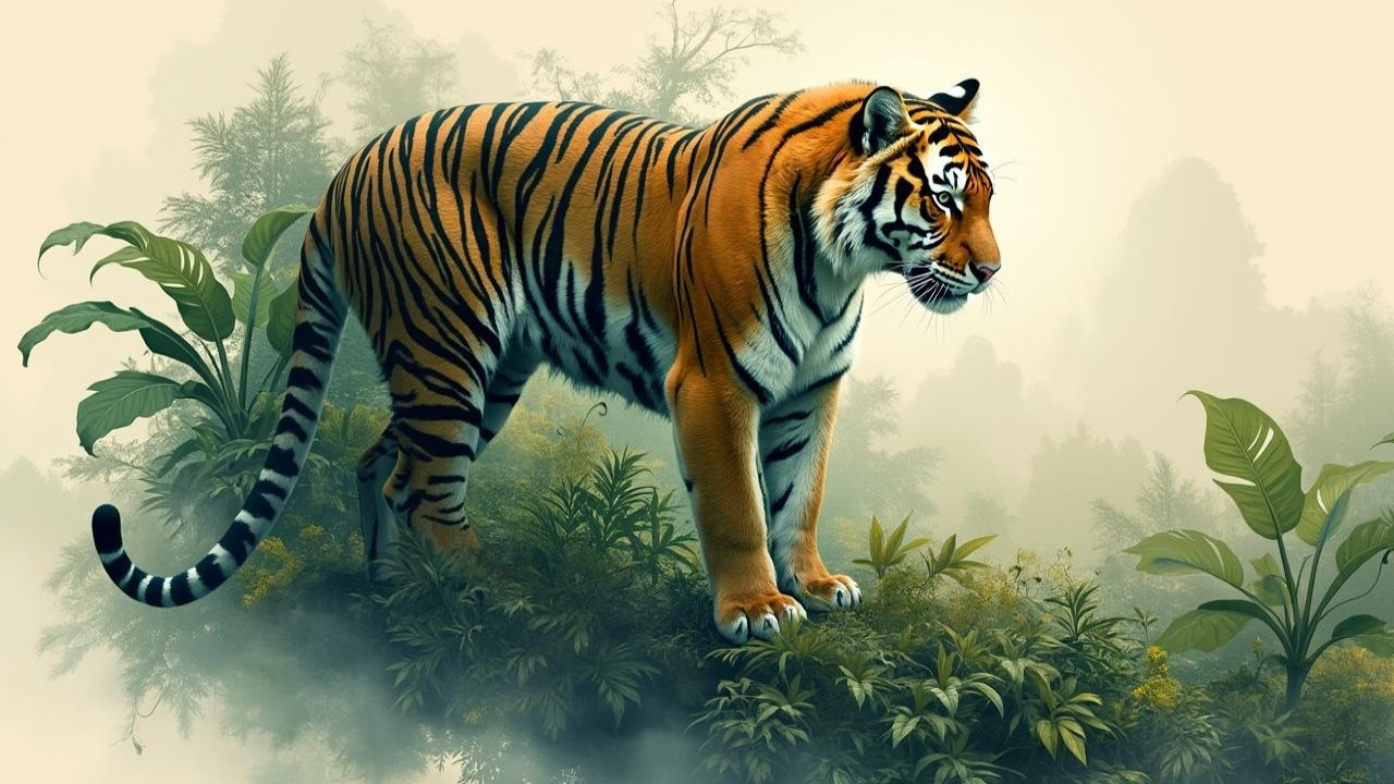 Majestic tiger in a vibrant green landscape