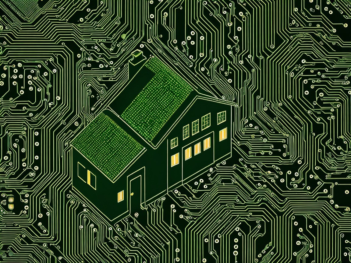 Stylized House with Circuit Board Background Design