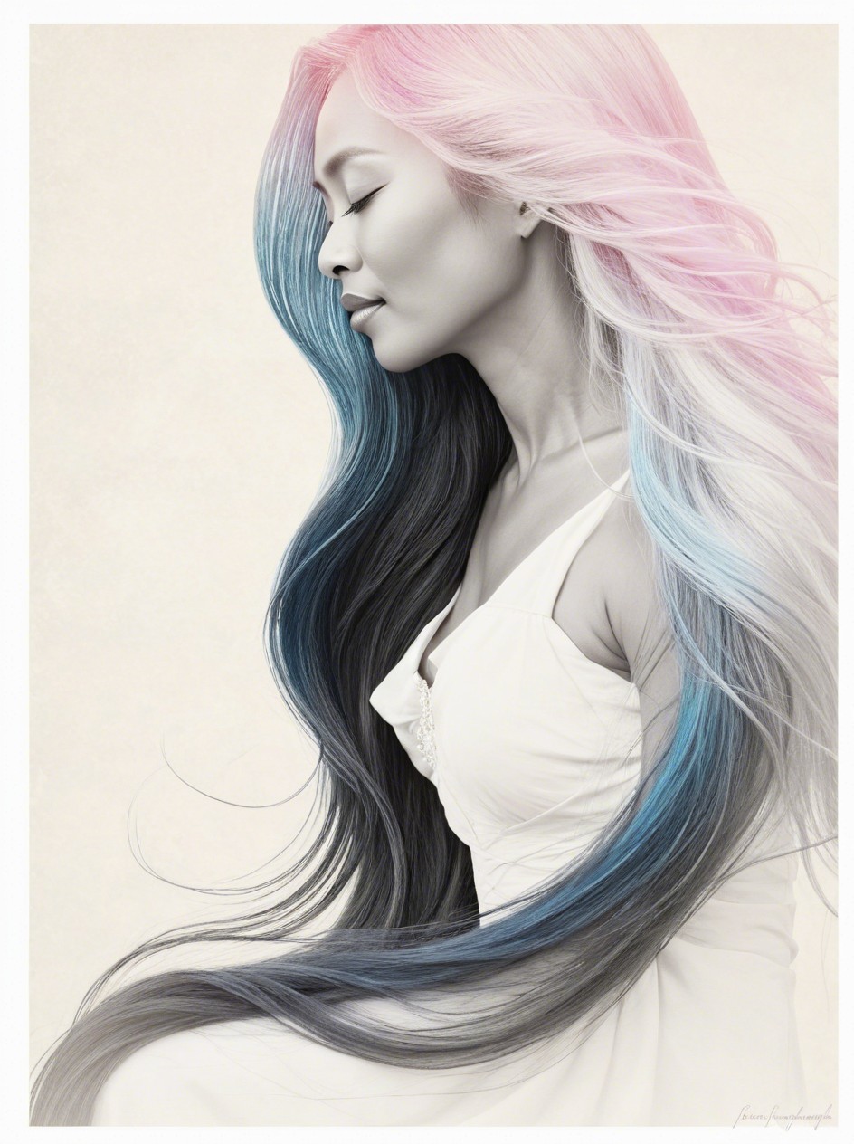 Woman in white dress with colorful flowing hair