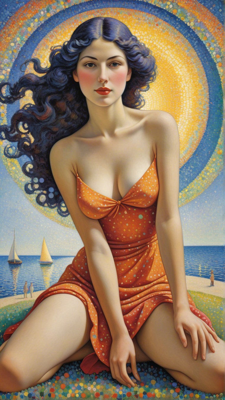 Young Woman in Orange Dress at Serene Beach Scene