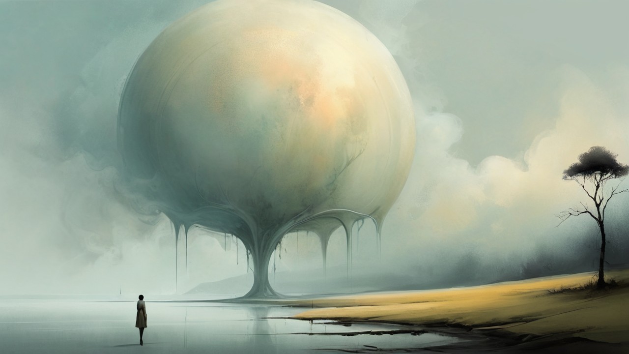 Surreal Landscape with Ethereal Orb and Tranquil Water