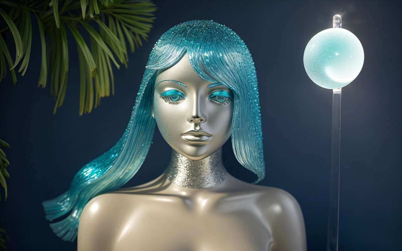 Sleek mannequin with silver skin and turquoise hair