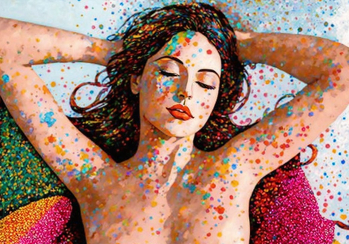 Serene Woman Surrounded by Colorful Dots and Calmness