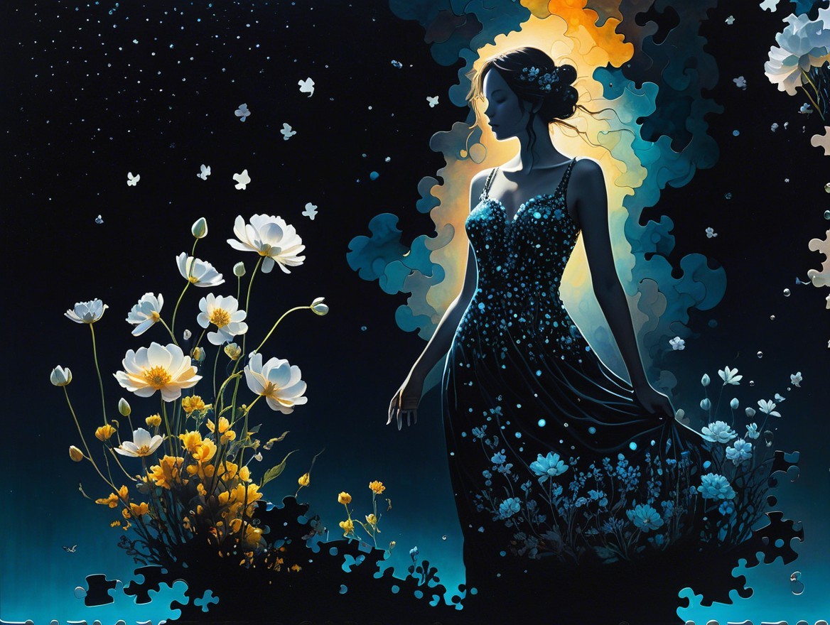 Silhouette of Woman in Black Dress Among Vibrant Flowers