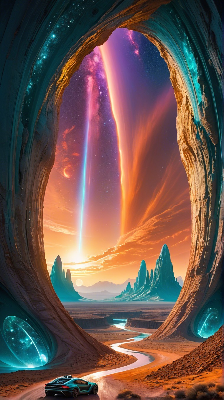 Futuristic landscape with vibrant rock formations and galaxies
