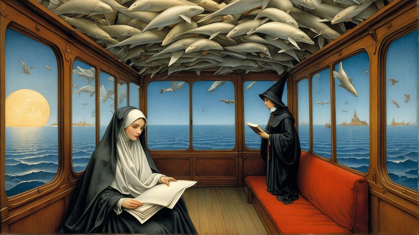 Serene Train Compartment with Surreal Ocean View